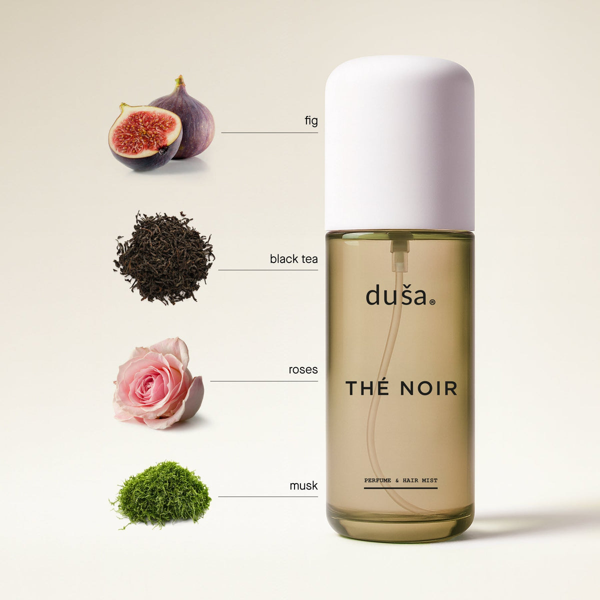 THÉ NOIR hair and body perfume mist bottle with fig, black tea, rose, and musk notes