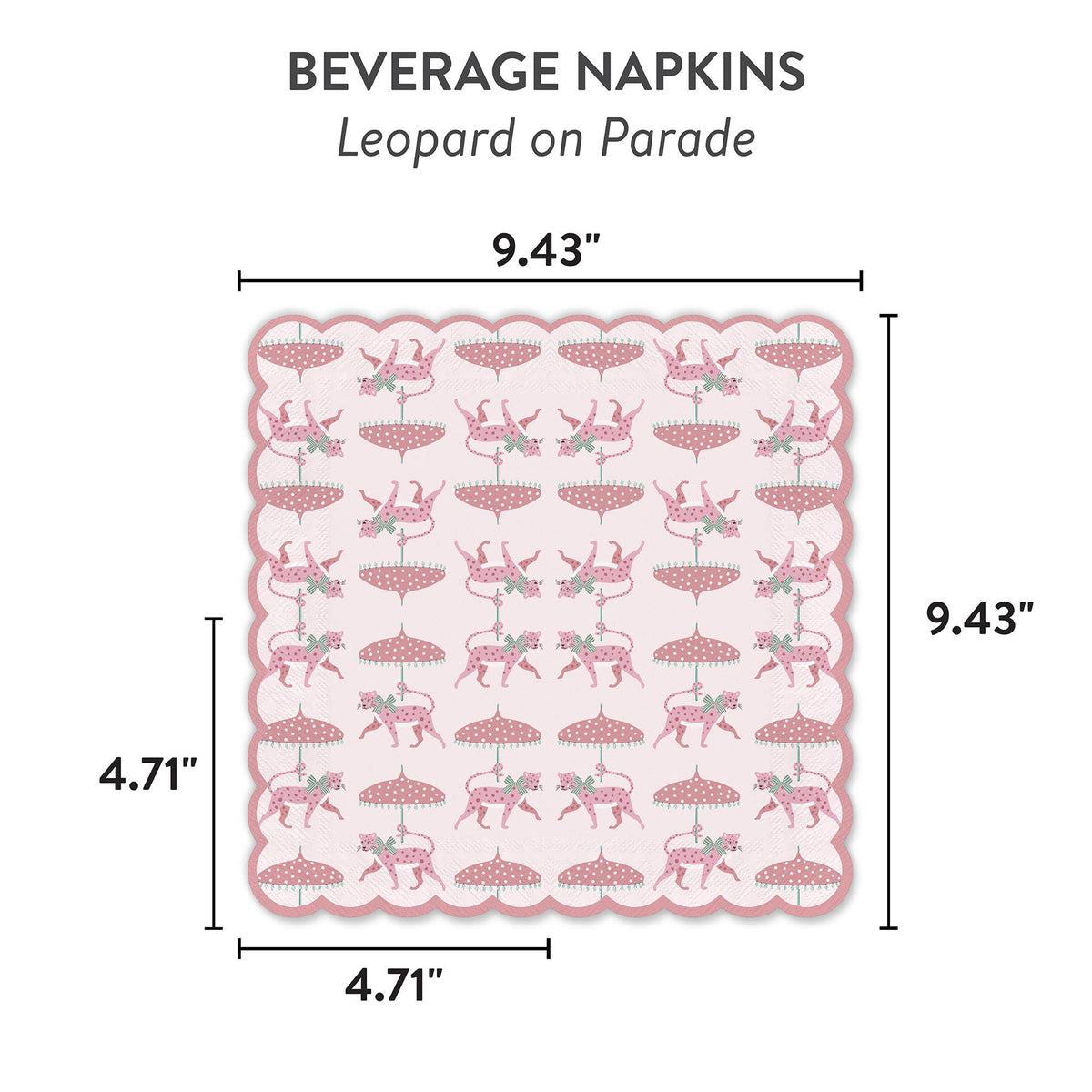 Pink scalloped beverage napkin with repeating leopard and tutu dress print