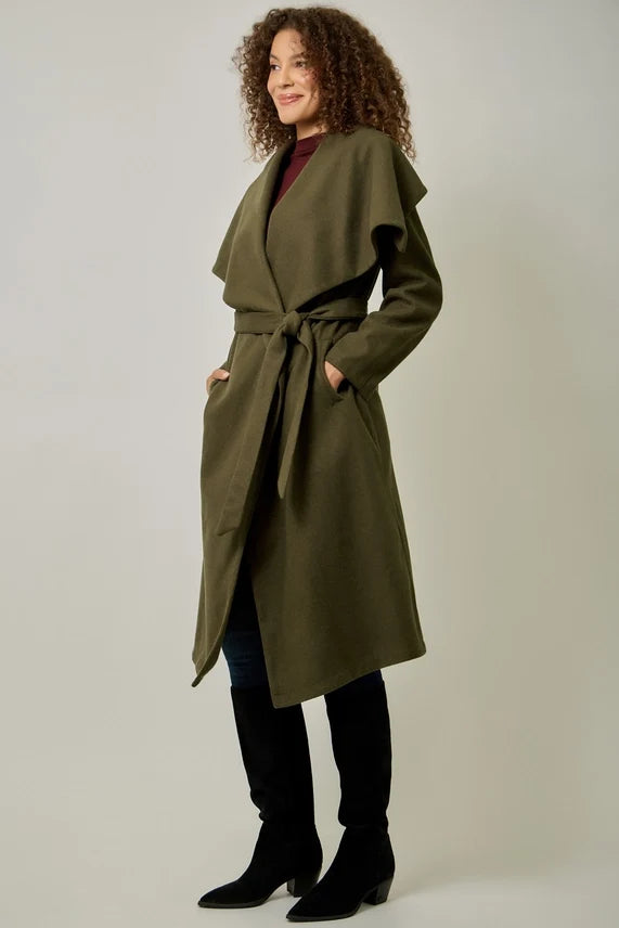 Olive green long shawl-collar coat with draped lapels and waist tie belt