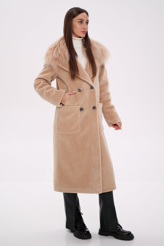 Beige virgin wool coat with a long fur collar, double-breasted buttons, and patch pockets