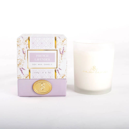 Boxed French lavender 5.6 oz candle with frosted glass jar and gold “8” seal