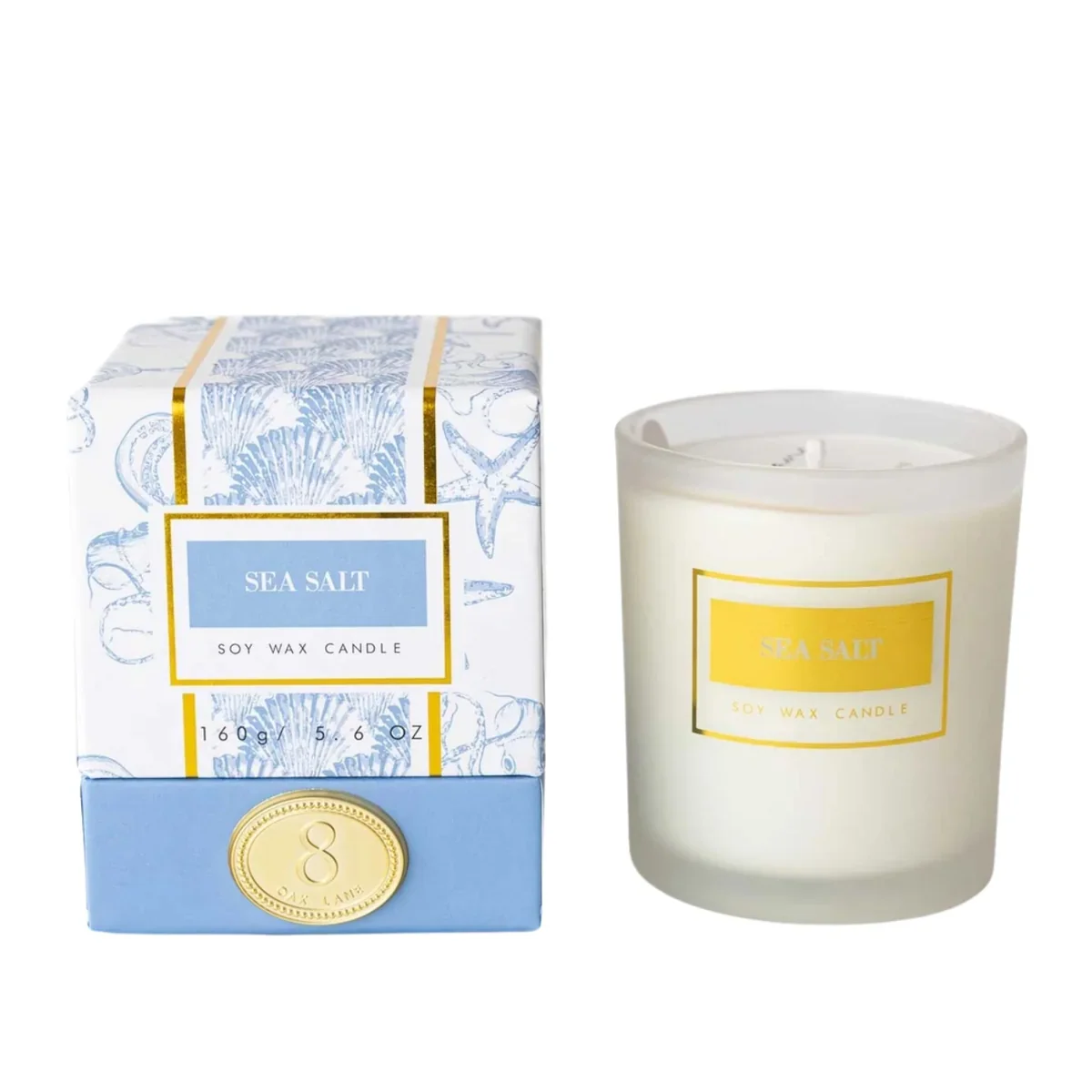Sea salt soy wax candle with blue patterned box and gold label