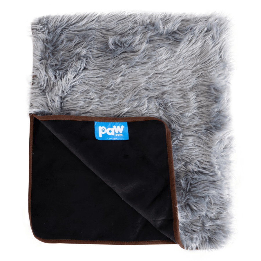 Charcoal grey shaggy throw blanket with black waterproof backing and visible paw patch