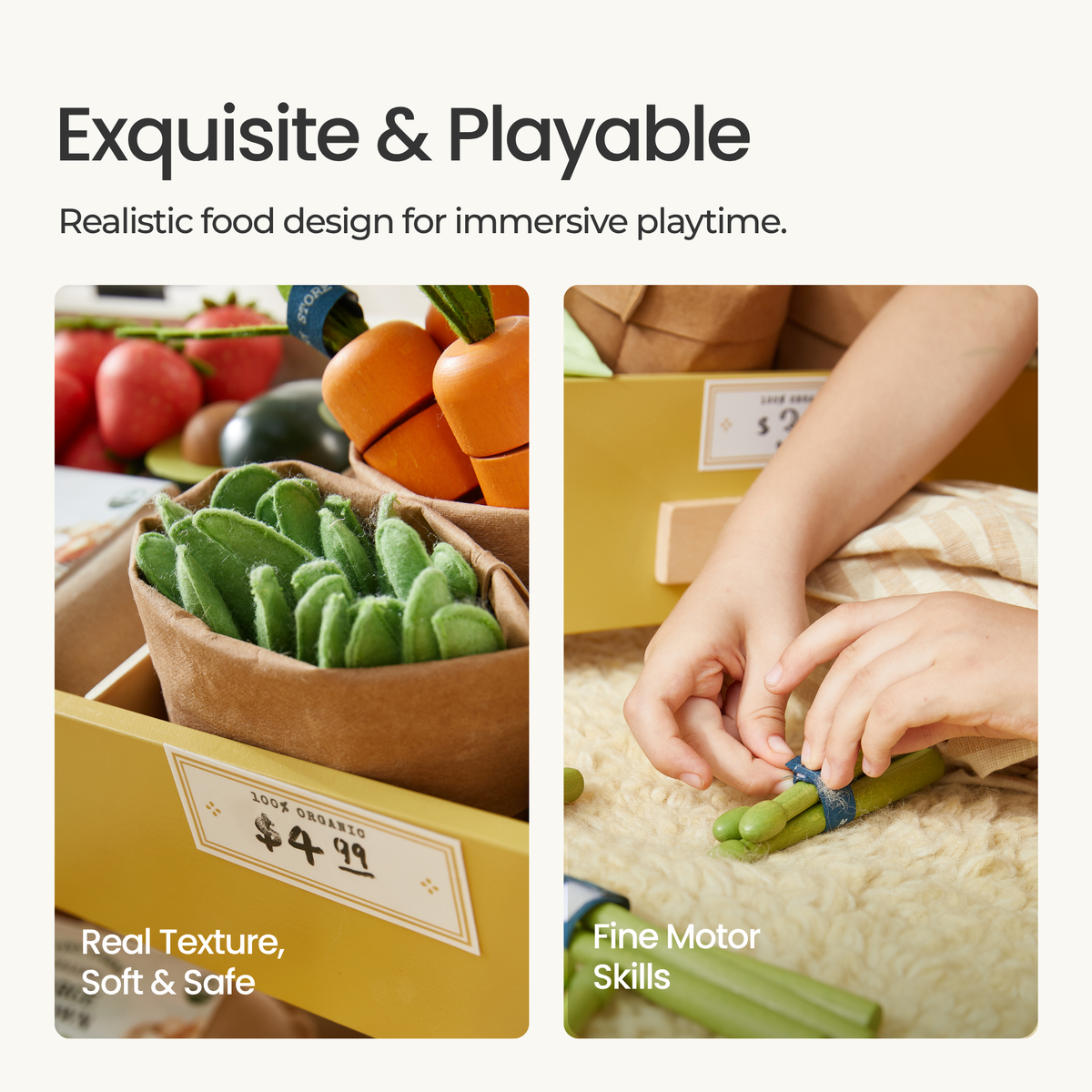 Realistic play food set featuring soft felt produce and small hand-assembly pieces