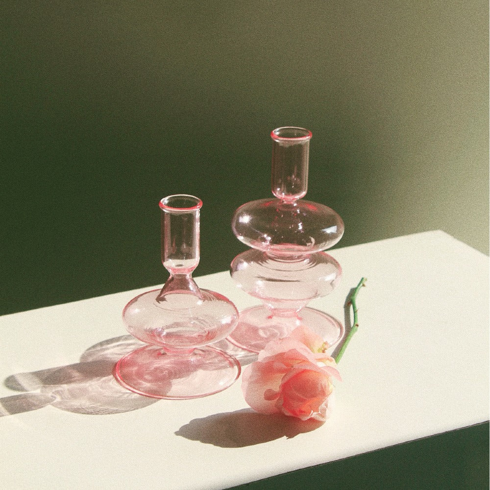 Siri pink glass candle holders set with tall cups and flared round bases