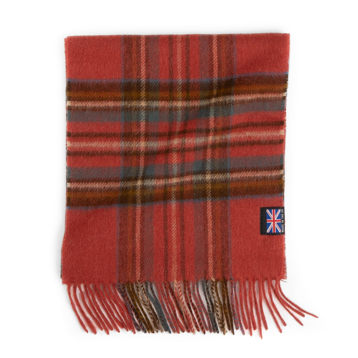 Tartan merino lambswool scarf in red, brown, and black with fringe; UK flag patch