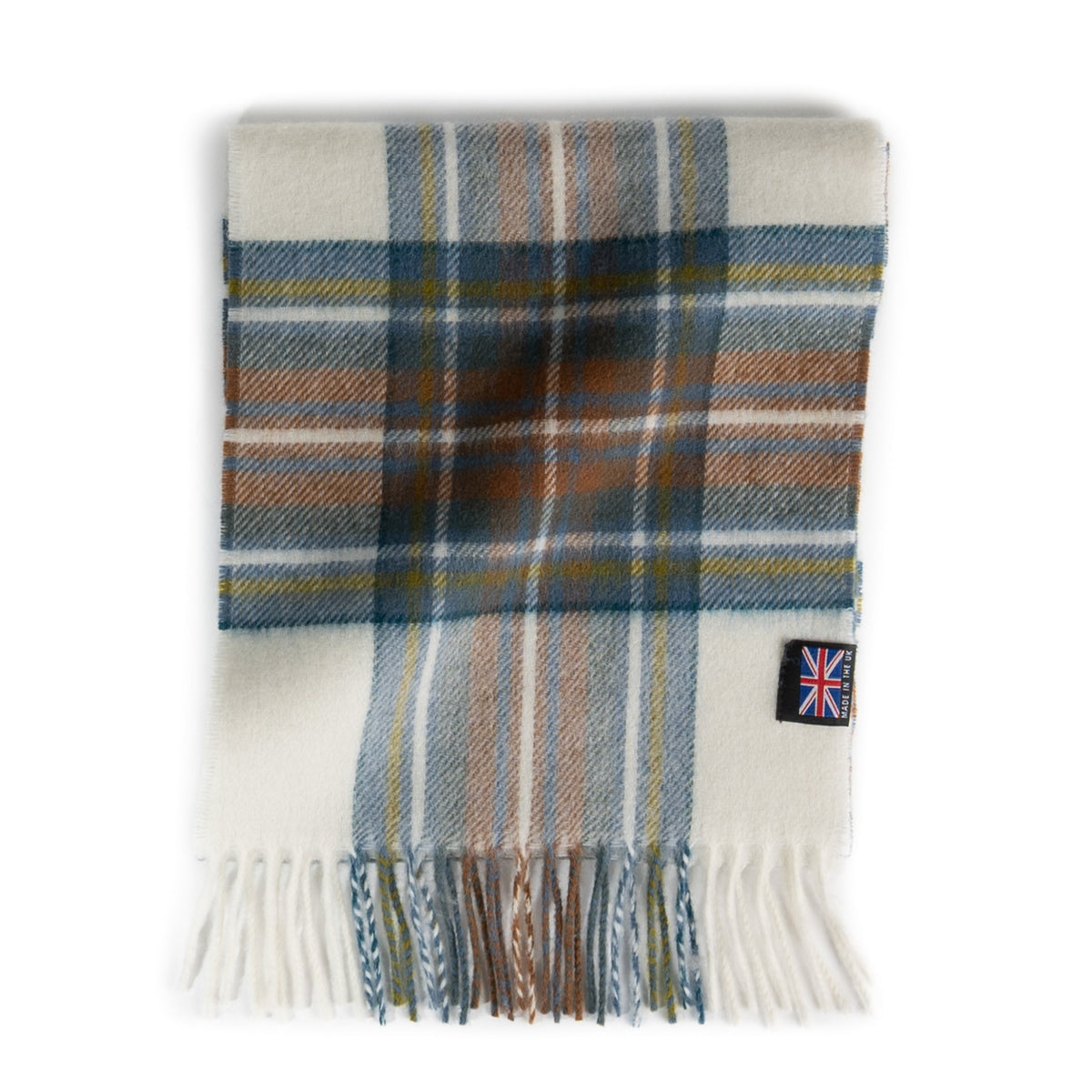 Muted blue tartan scarf folded flat with fringe border and Union Jack label