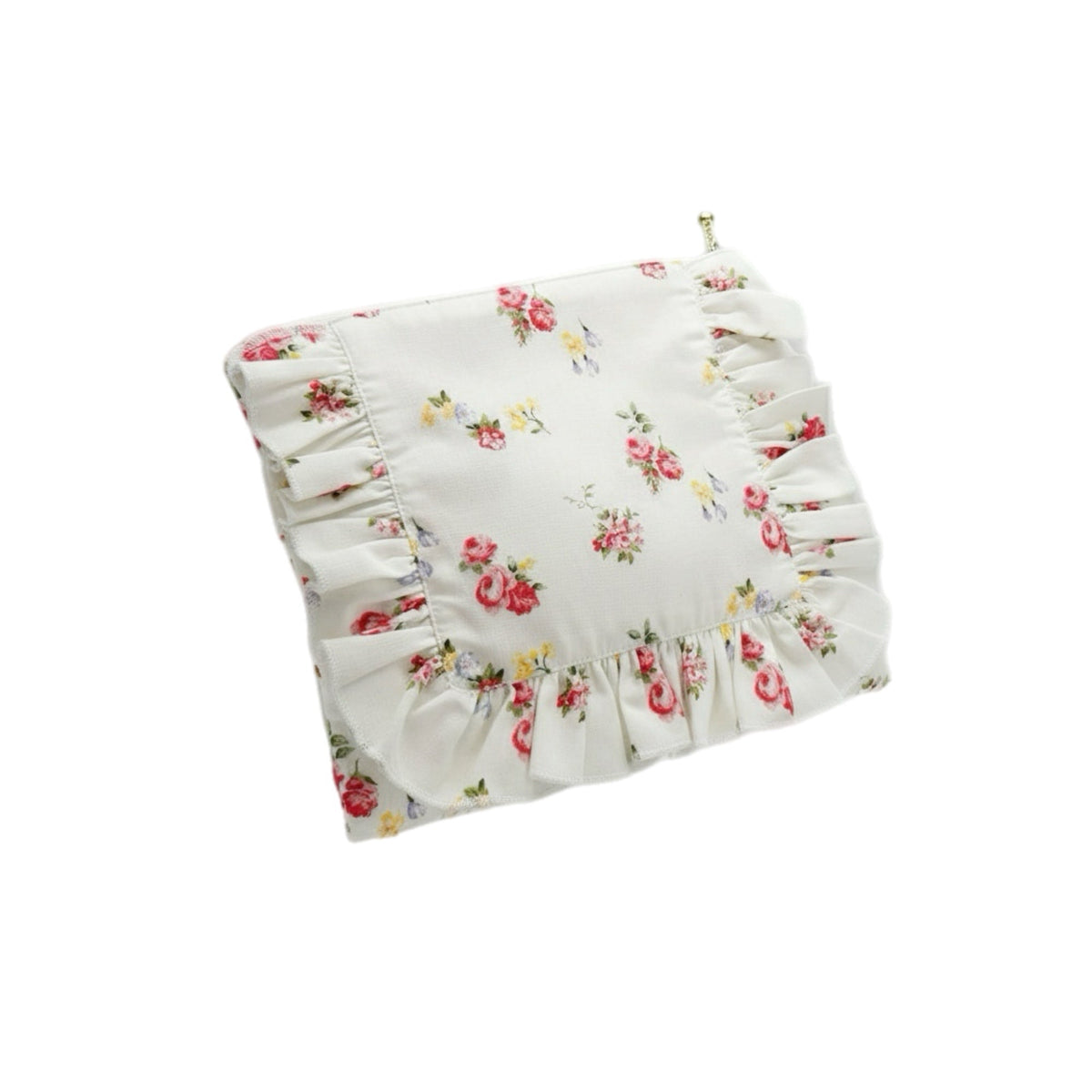 White floral ruffle zipper pouch with gathered front and brass zipper pull