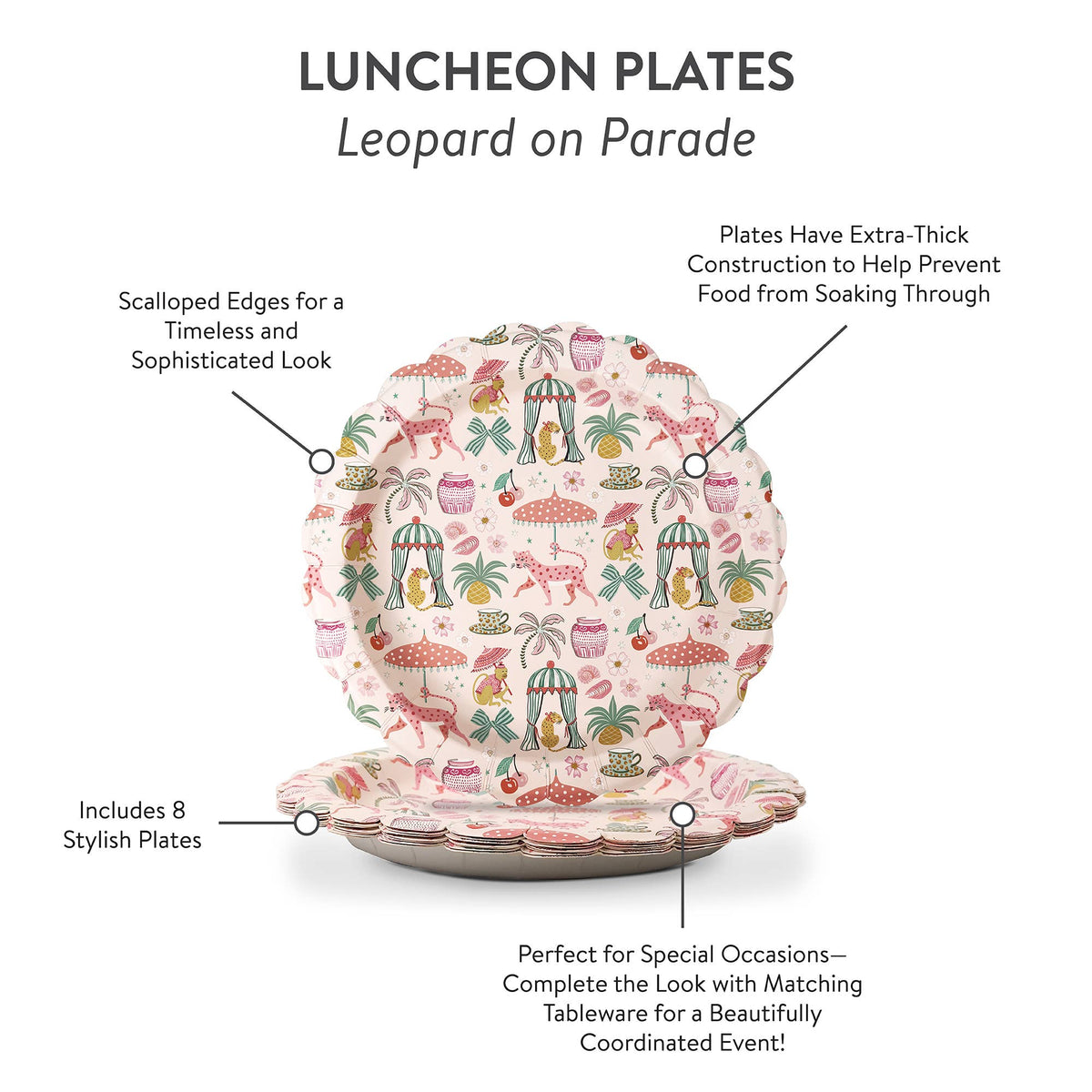 Scalloped luncheon plates with tropical leopard and umbrella pattern in pink