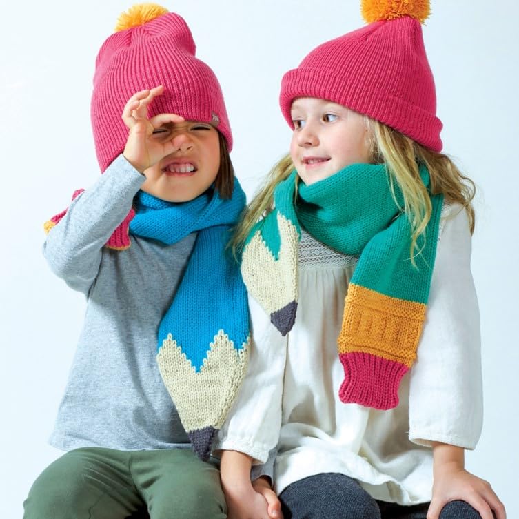 Pencil-shaped knitted scarves in blue and green modeled by children
