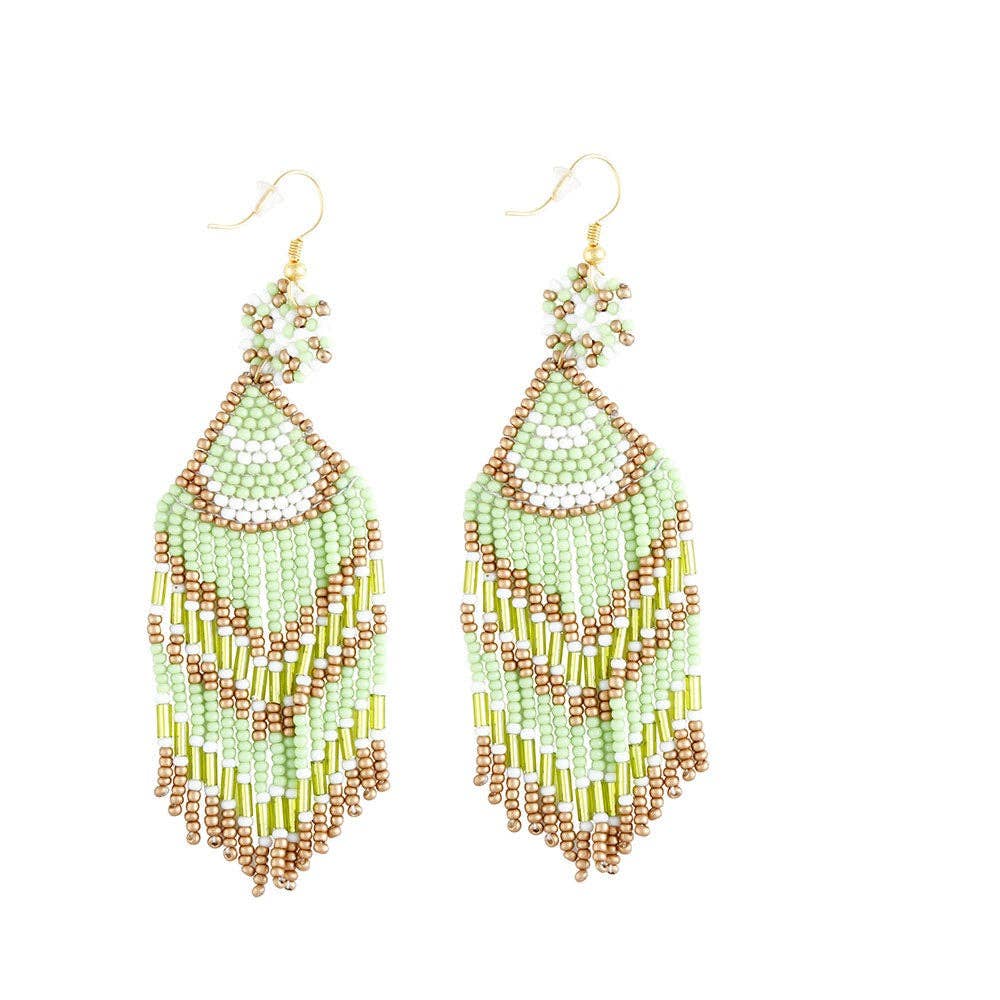 Mint green beaded chandelier earrings with gold-tone hooks and fringed edges