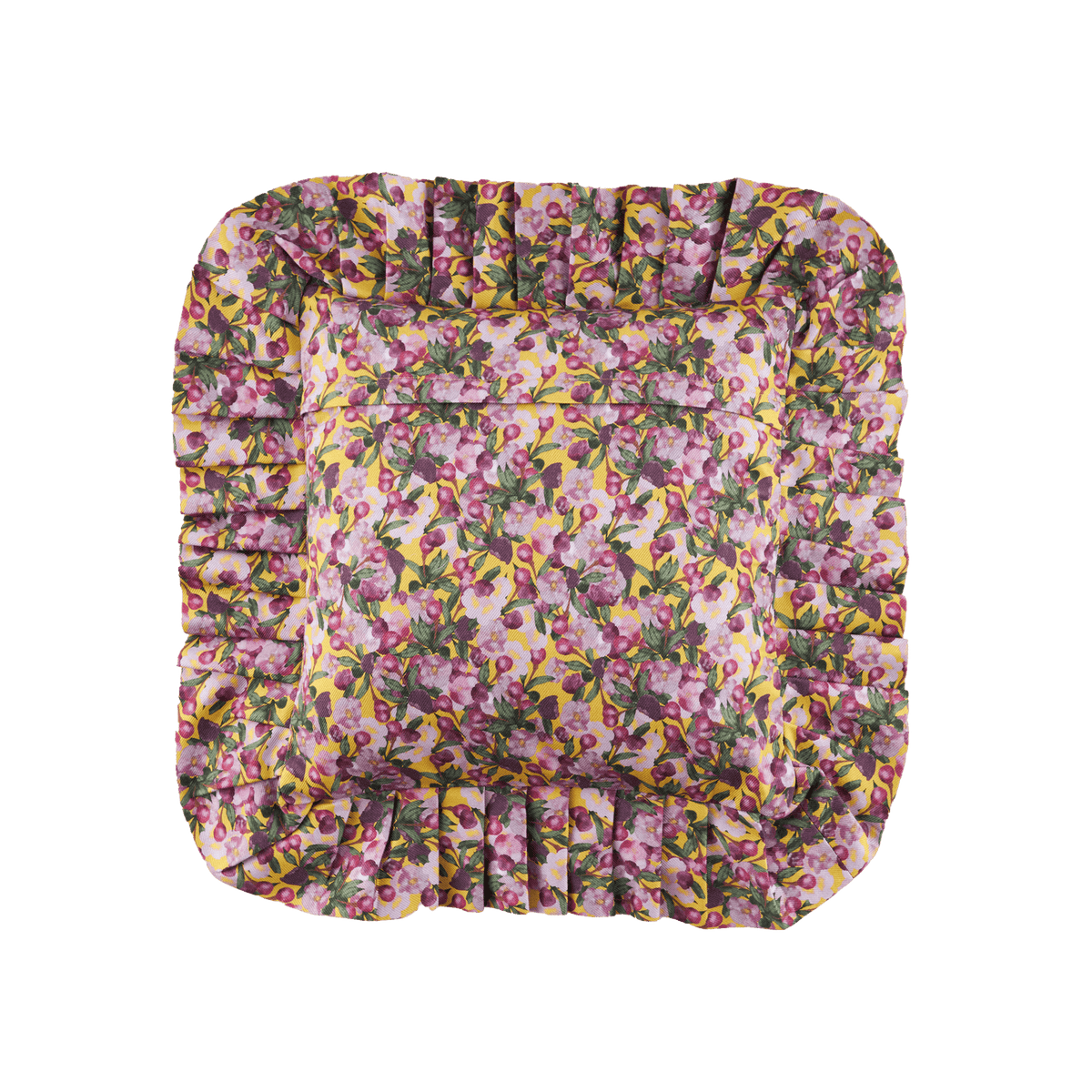 Yellow floral ruffle pillow cover featuring gathered tiers and a rounded shape