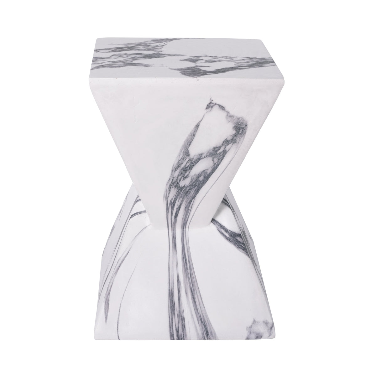 White concrete side table with a narrow center and gray marble-like veining