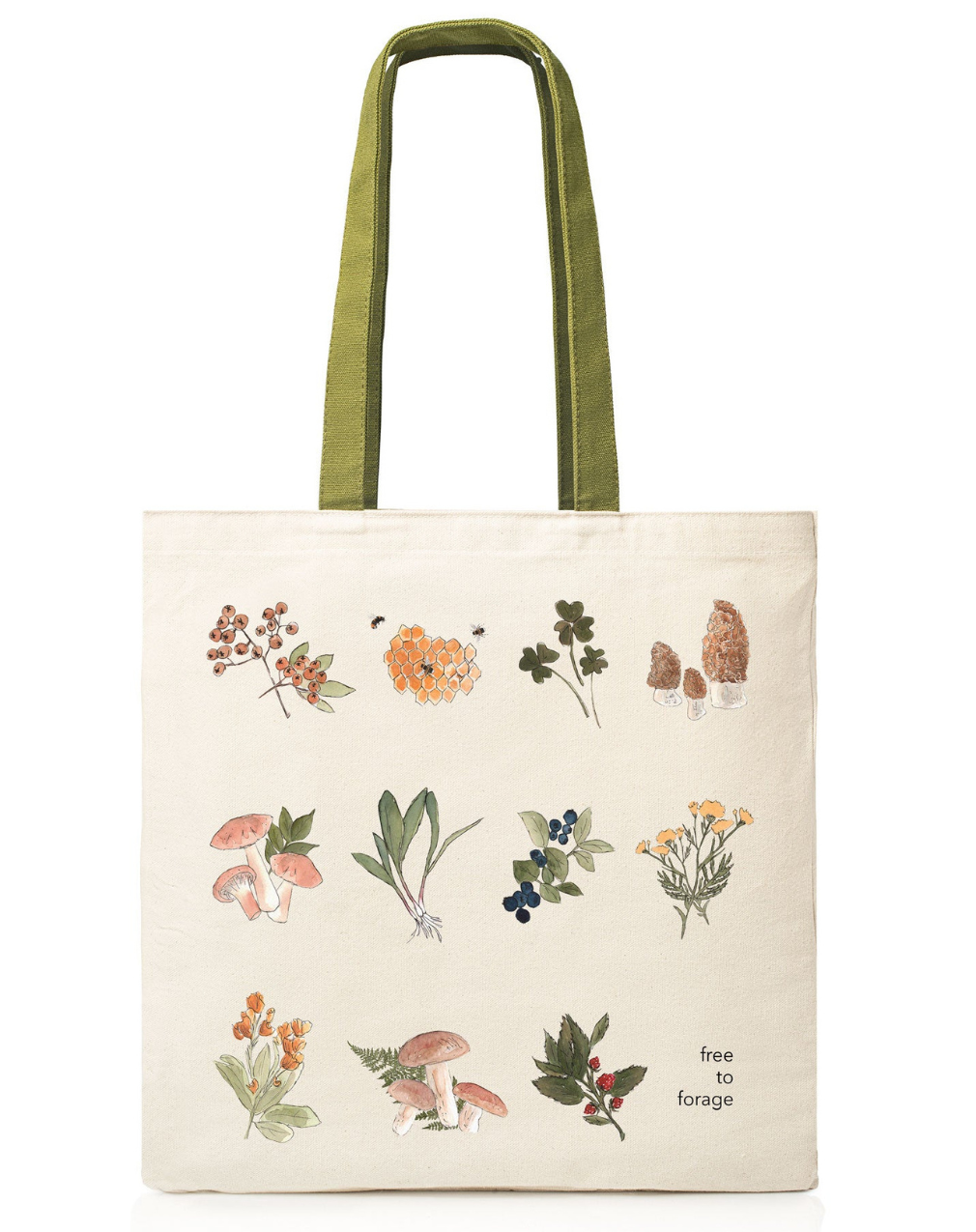 Canvas tote bag with moss green handles and botanical print, “free to forage”