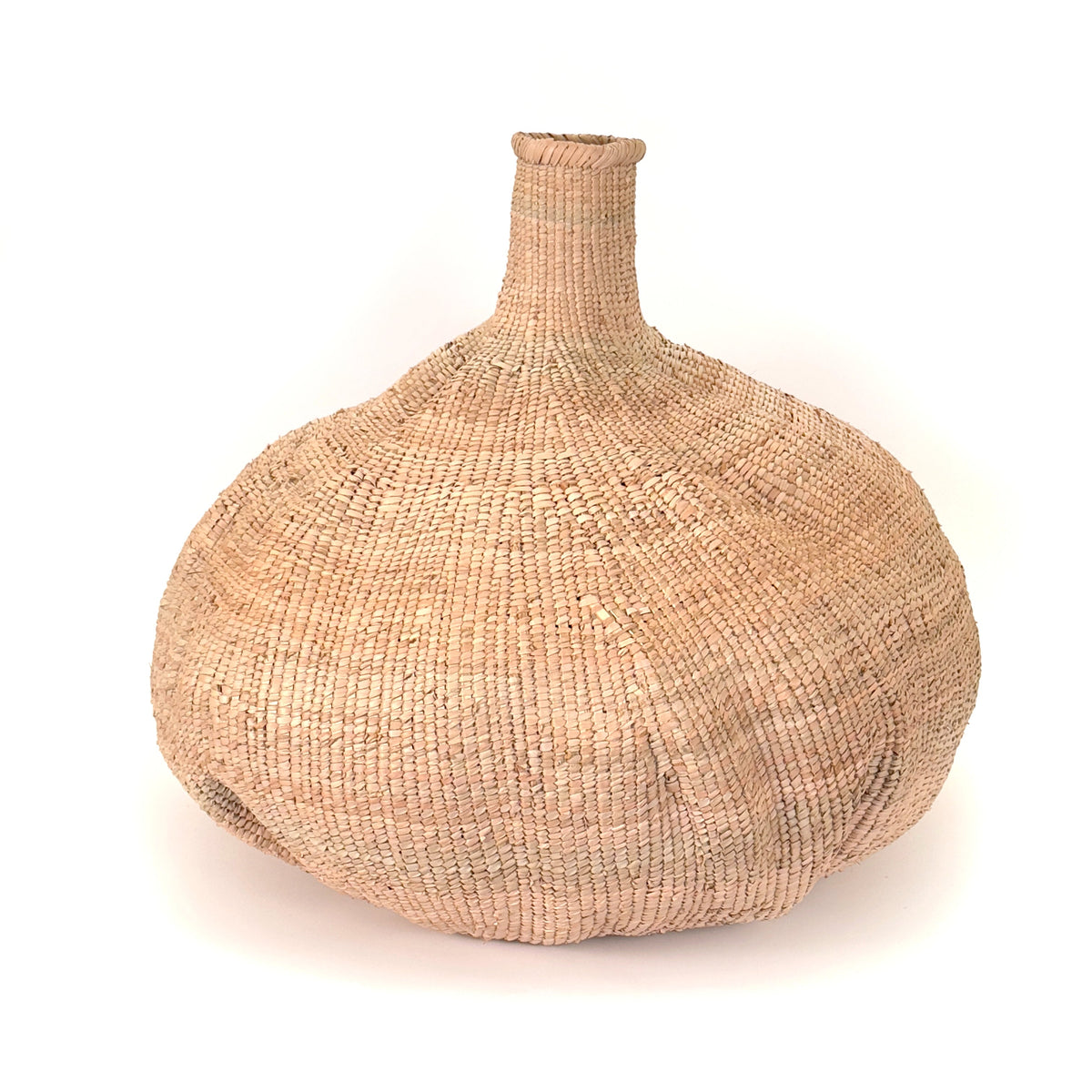 Woven garlic basket, round bulb with short narrow neck, natural beige straw weave