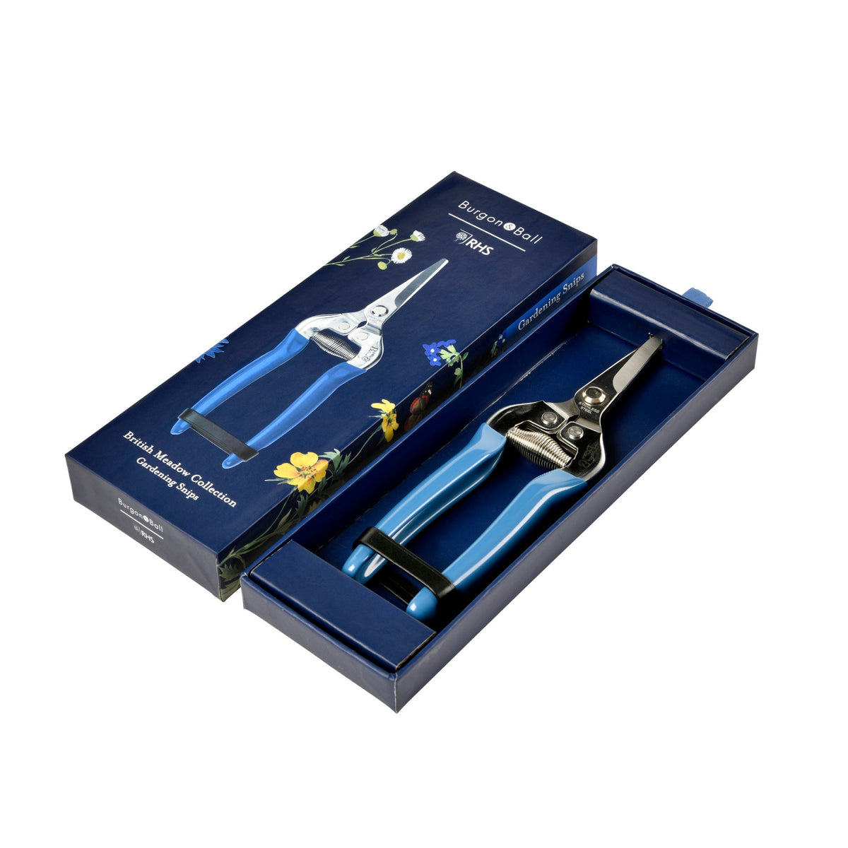 Fruit and flower snips gift box set showing blue handle snips inside open packaging