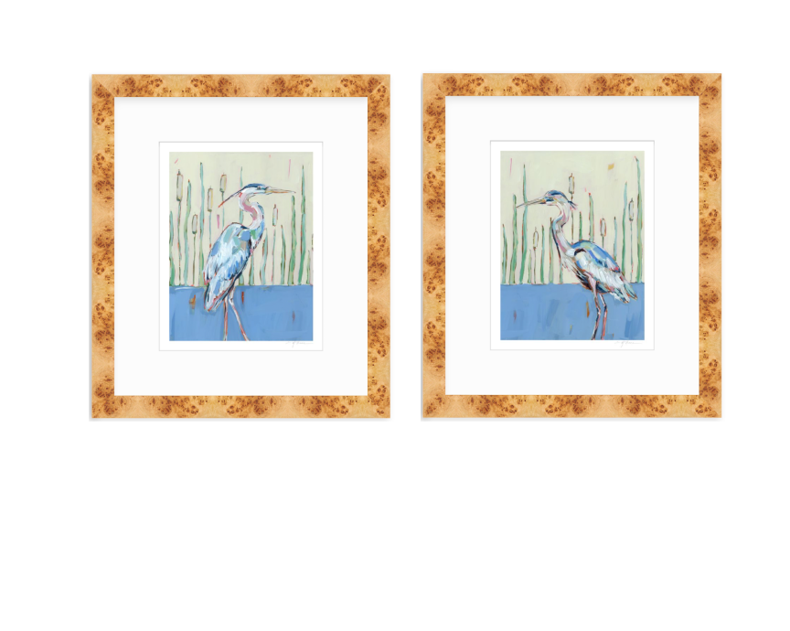 Blue heron art print in warm brown textured frame with white mat, two prints