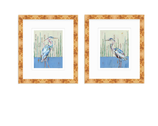 Blue heron art print in warm brown textured frame with white mat, two prints