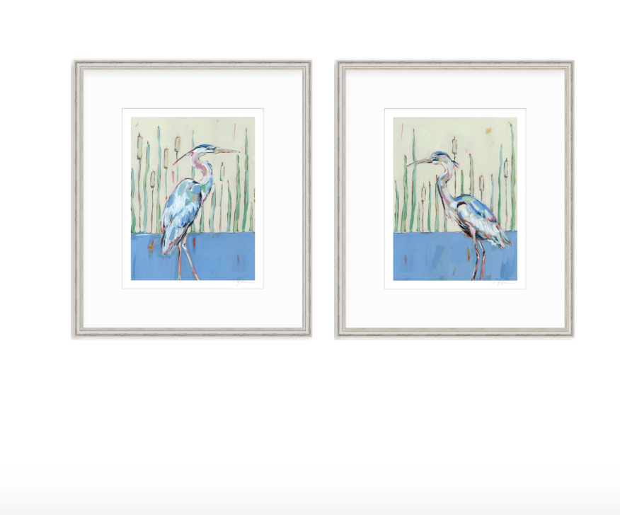 Blue heron art print in light gray frame with white mat, two prints