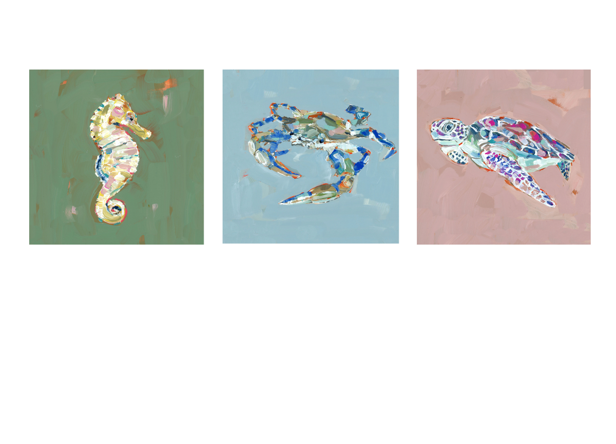 Set of marine fine art prints: seahorse, blue crab, and sea turtle