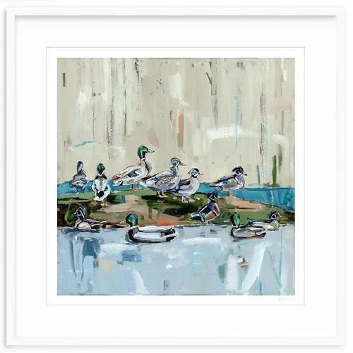 Duck-themed fine art print with white mat and no visible frame, blue pond duck scene.