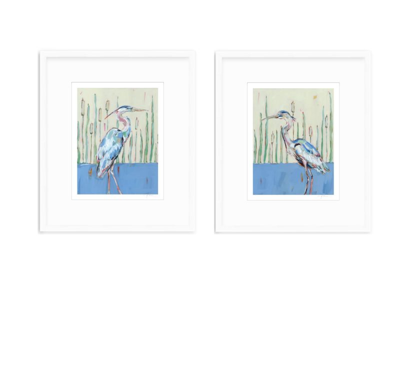 Blue heron art print in white frame with white mat, two prints