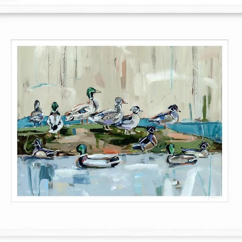 Duck-themed fine art print with white mat and cropped edge, blue pond with ducks.