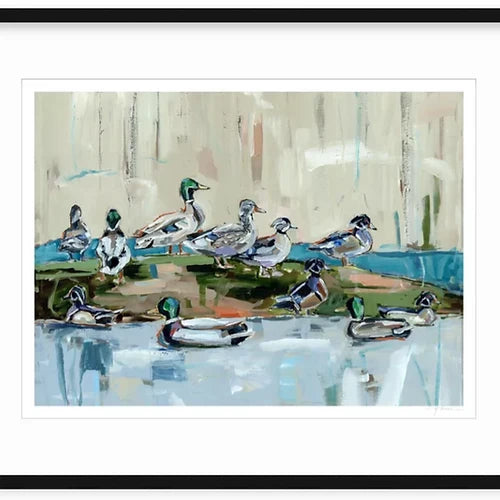 Duck-themed fine art print with white mat and black frame, close view of ducks on water.