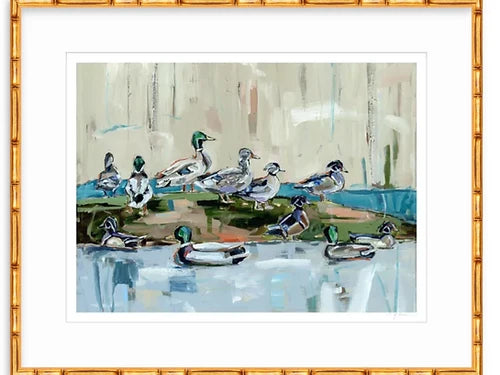Duck-themed fine art print with white mat and gold-toned frame, blue pond scene.