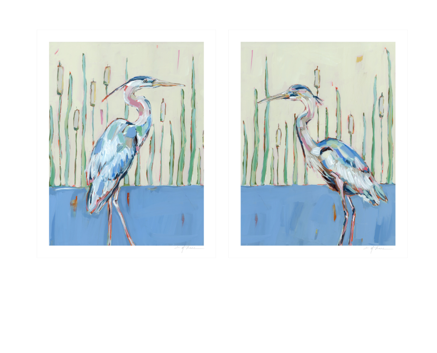 Pair of blue heron art prints on white paper