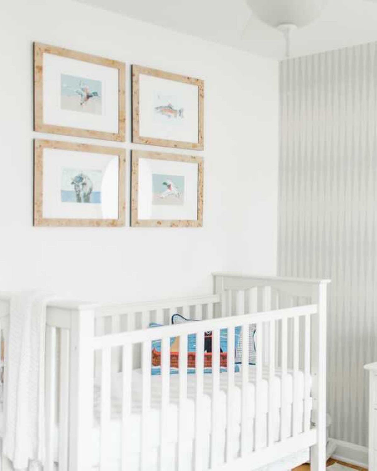 Nursery corner with four framed mallard duck flight prints above a white crib