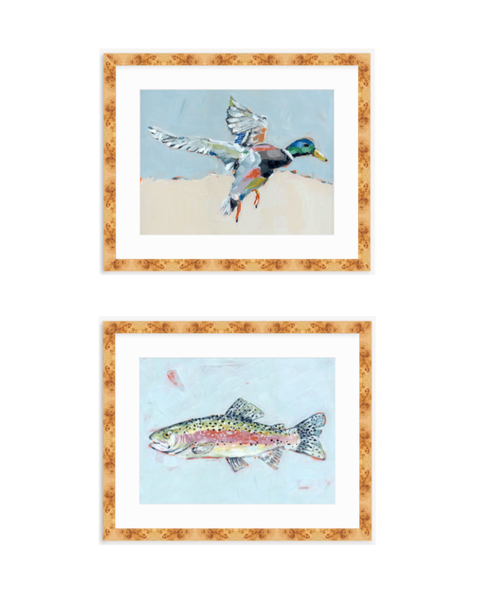 Two framed fine art prints in warm brown wood, featuring a mallard and fish