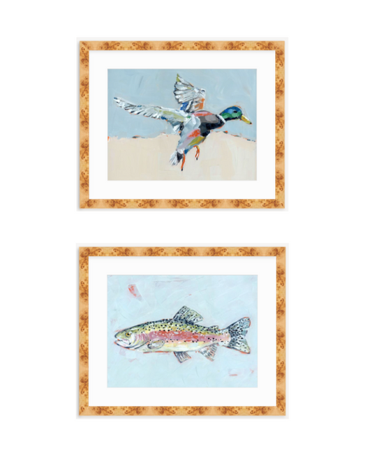 Two framed fine art prints in warm brown wood, featuring a mallard and fish