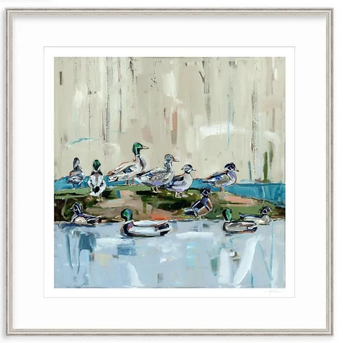 Duck-themed fine art print with white mat and silver-toned frame, blue pond ducks.