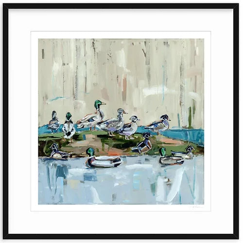 Duck-themed fine art print with white mat and black frame, blue pond ducks illustration.