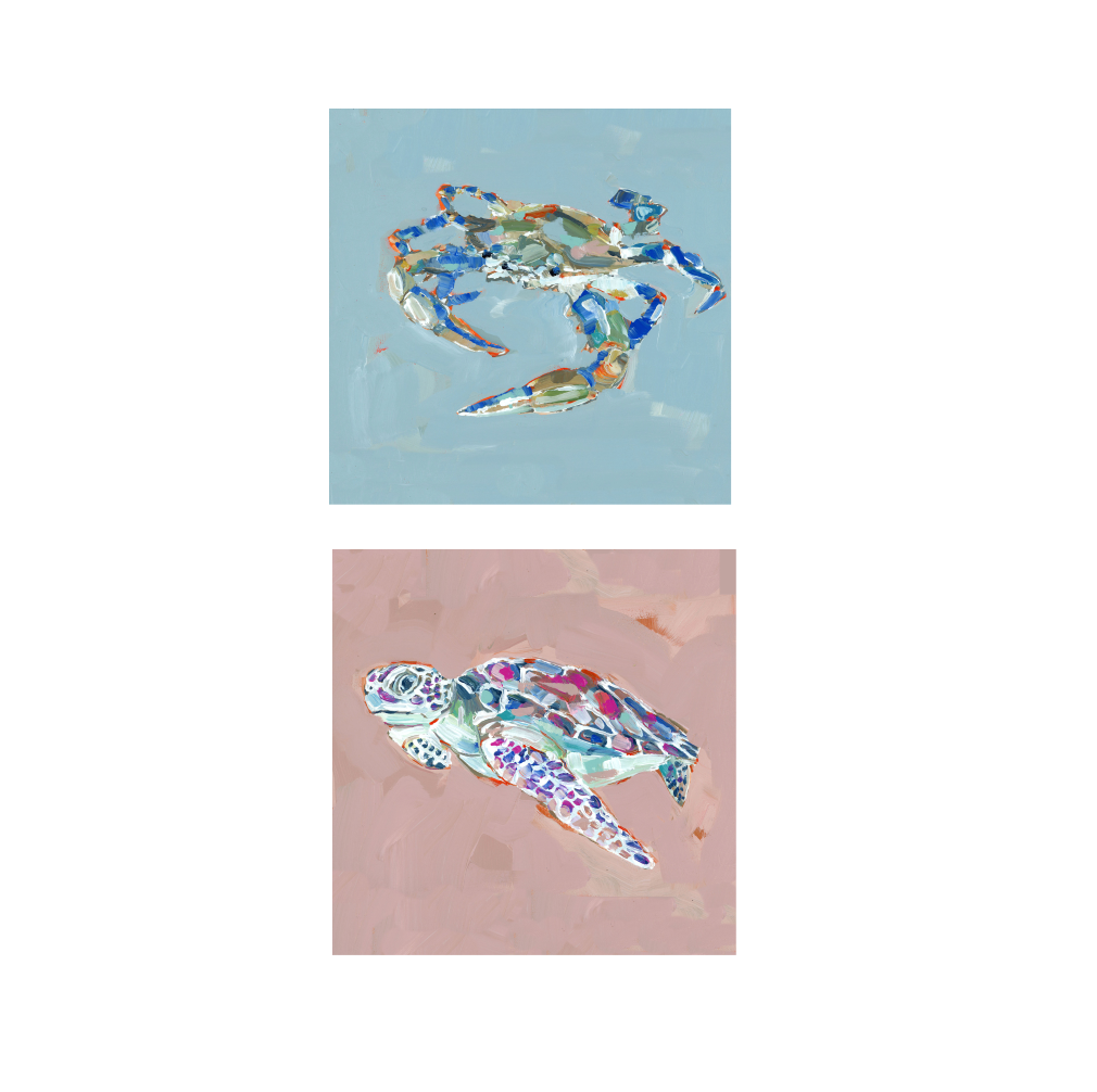 Marine fine art prints: blue crab and sea turtle