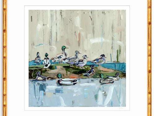 Duck-themed fine art print with white mat and gold-toned frame, blue pond with ducks.