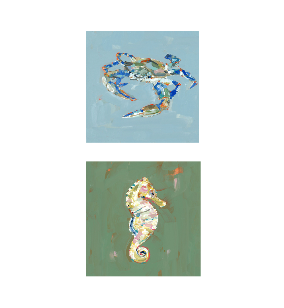 Marine fine art prints: blue crab and seahorse