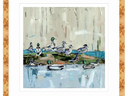 Duck-themed fine art print with white mat and light frame edge, blue pond duck scene.