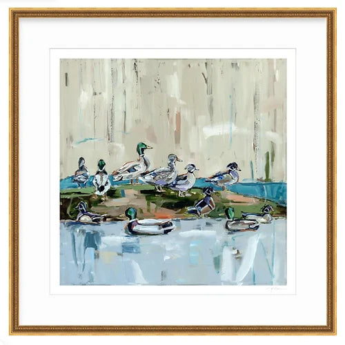 Framed fine art print featuring a group of ducks on a blue water surface