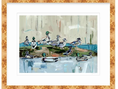 Duck-themed fine art print with white mat and brown speckled frame, blue pond ducks.