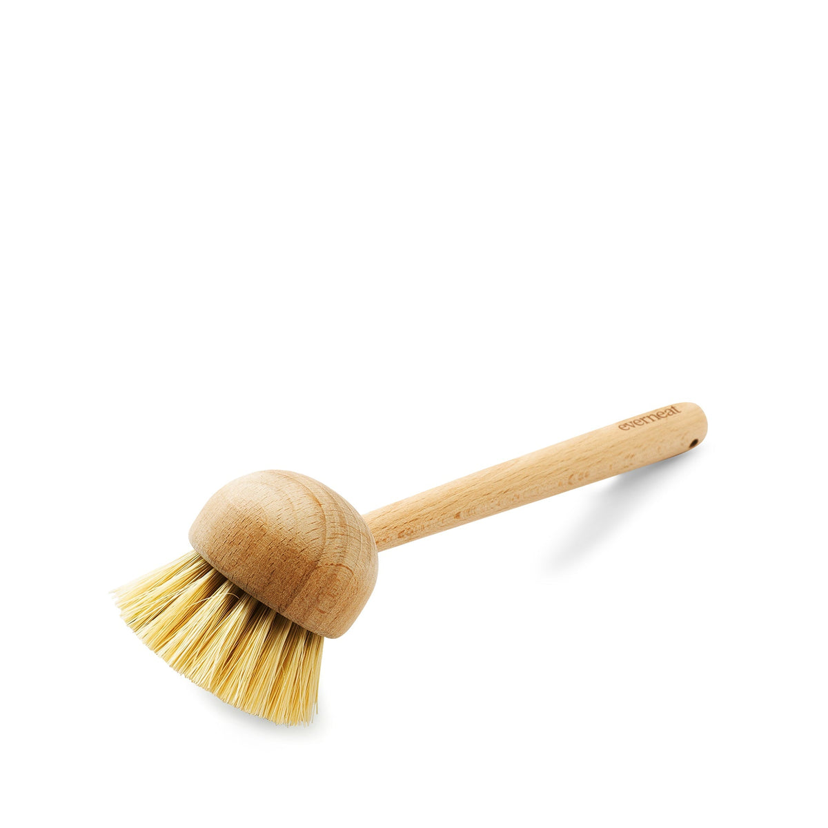 Wood-handled scrub brush with short yellow bristles and rounded head