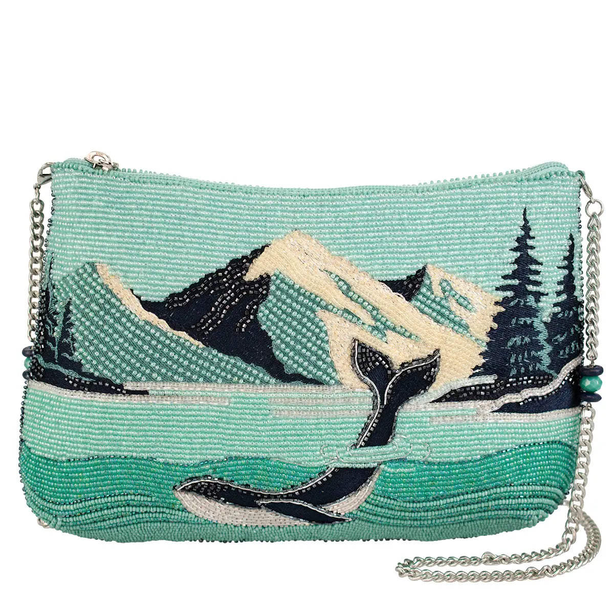 Turquoise beaded handbag with zip top, chain strap, mountain and whale applique