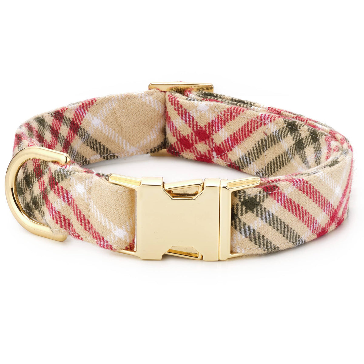 Plaid flannel dog collar with gold buckle and D-ring; beige, red, and black stripes