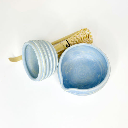 Blue matcha bowl set with large bowl, mini bowl, and bamboo whisk