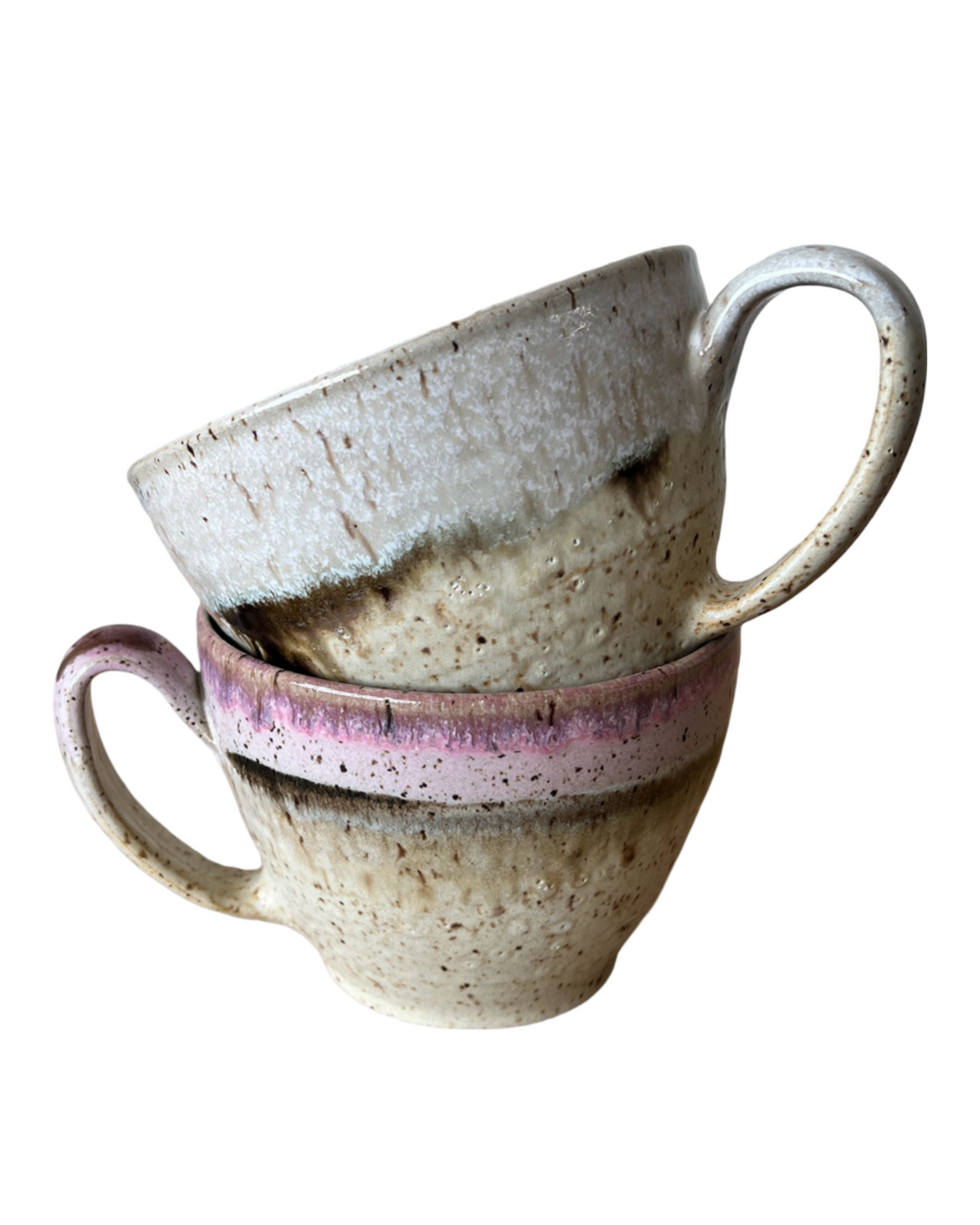 Speckled ceramic cappuccino cup with purple glaze band and curved side handle
