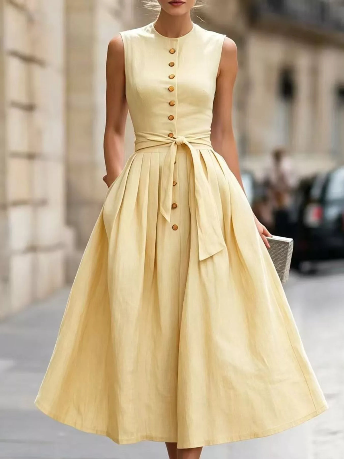 Vintage-Inspired Belted Sleeveless Midi Dress