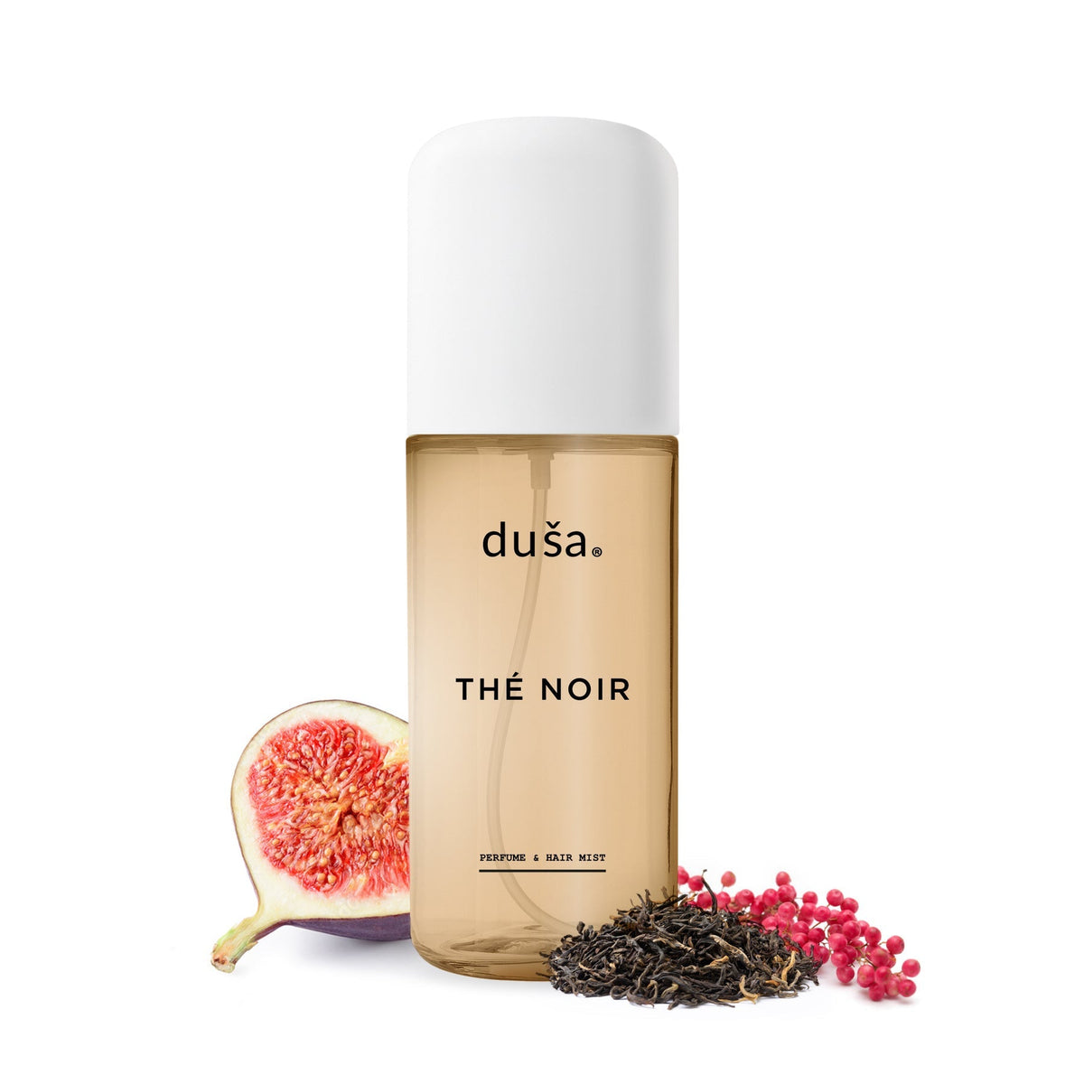 THÉ NOIR perfume mist hair and body spray bottle with fig, tea leaves, and pink berries