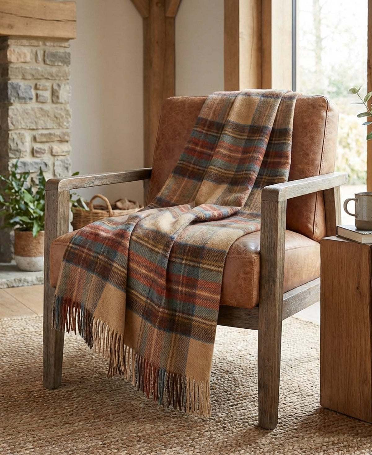 Plaid throw blanket draped over a leather armchair, tan, brown, blue and rust checks.