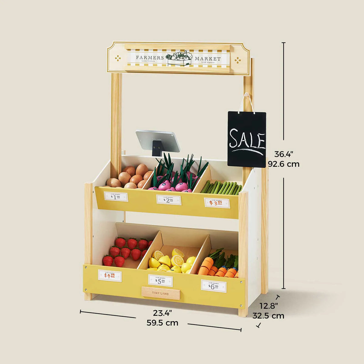 Wooden grocery store playset with produce bins, market sign, sale board, and toy register; 36.4 inches tall.